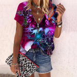 Naiste suvine uusmoodne roosilillega Bramble Rose tr&uuml;kitud vabaaja t&otilde;mblukuga V-kaelus l&uuml;hikeste varrukatega topp XS lilla