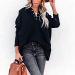 Naiste dressipluus Moodne V-kaelusega kapuutsiga nahkhiire varrukatega vabaaja s&auml;rk, l&otilde;ngaga pullover XL must