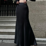 Pikk satiinseelik naiste mood Elegantne soliidne k&otilde;rge v&ouml;&ouml;kohaga &otilde;huke siidist trompet Maxi seelik kontoris Daami vabaaja s&uuml;gis S must