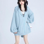 Y2k s&uuml;gis armsad lahtised triibud j&auml;nesek&otilde;rvad, kootud kapuutsid Naiste kapuutsiga lukuga kampsunid kampsun mantel Kpop kawaii riided One size sinine