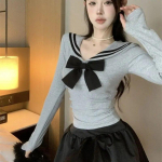 Sailor Collar L&uuml;hikesed T-s&auml;rgid Naiste Vibu triibulised pikkade varrukatega Ebaregulaarsed &otilde;hukesed topid Kevad s&uuml;gis Jaapani stiil Armas armas mood S hall