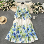 Kevadine Retro plisseeritud tr&uuml;kitud rannakleit Naiste Prantsuse &uuml;herealine elegantne vabaaja kleidid Naiste &scaron;ikk vintage temperament Maxi kleit Uus S sinine