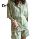 2 tk/komplekt Naiste pidžaamakomplekt Rev&auml;&auml;ride kontrastsusega v&auml;rvi triibuline print l&uuml;hikeste varrukatega elastne v&ouml;&ouml;koht lahtiselt lai jalg Koduriided magamisriided pluus l&uuml;hikesed p&uuml;ksid M sinine