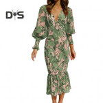 Daami &otilde;htukleit Lilletr&uuml;kiga laternaga varrukas s&uuml;gav V kaelusega elastne lapiline volang s&auml;&auml;re keskel, elastne v&ouml;&ouml;koht naiste pikk kleit L punane