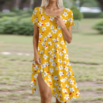 L&uuml;hikeste varrukatega boheemlaslik kleit naistele, vabaaja ja lahtise l&otilde;ikega suvine suviline lilleline kleit taskutega L armee roheline v&auml;rv