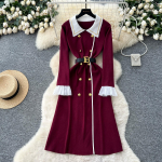 S&uuml;gis Talv Naiste Elegantne Allakeeratud Kraega Kahe Rinnaga Kootud Kampsun Kontorit&ouml;&ouml; Pikk Midi Kleit V&ouml;&ouml;ga One Size burgundiapunane