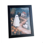 Halloween Art Print Decor 9x6.9 inch Spooky Scary Home Painting Picture for Shelf Bathroom Ghost and Dog