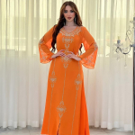 Pol&uuml;esterist moslemi abaya naistele, suvine, elegantne, oranž, sinine, roosa, roheline, moslemi naiste pikkade varrukatega, V-kaelusega, pol&uuml;esterist pikk abaya XL oranž