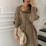 Elegantne kampsunkleit, naiste mood, vabaaja vaba kilpkonnaga, soliidne pullover, p&uuml;ksirihm, kleit, naiselik s&uuml;gistalvine peokleit XXL kohv