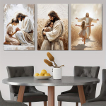 3 moodsat minimalistlikku religioosset figuuri dekoratiivset maali Jeesusest ja Palvetavast T&uuml;drukust &otilde;limaalistiilis l&otilde;uendimaal elutuba (as the picture,50x70cm No Frame) gray