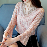 SURWENYUE roosa V-kaelusega pluus naiste pikkade varrukatega mood pluusid pitspluus s&auml;rk naiste topid s&auml;rk S roosa