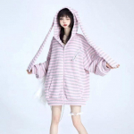 Y2k s&uuml;gis armsad lahtised triibud j&auml;nesek&otilde;rvad, kootud kapuutsid Naiste kapuutsiga lukuga kampsunid kampsun mantel Kpop kawaii riided One size beež