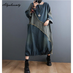 Suures suuruses s&uuml;gisene ja kevadine naiste Korea teksariidest avar kleit O kaelus, kontrastses v&auml;rvitoonis Suure tutiga retrokleit Vintage kottis Midi naiskleit M