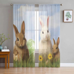 Easter Egg Bunny Daisy l&auml;bipaistvad kardinad elutuppa K&ouml;&ouml;gi aknakardinad Magamistoa t&uuml;ll Voile kardinad 135W x 114H(cm)