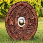 Fenriri kilp T&auml;ielikult k&auml;sitsi valmistatud nikerdatud Viking Shield K&auml;sit&ouml;&ouml;na valmistatud keskaegne kilp