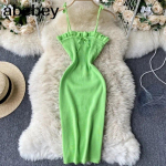Kikilipsuga spagetirihmaga soliidne kootud kleit Naiste suvine varrukateta minikelekleit Vestidos Seksikad naister&otilde;ivad One Size roheline