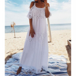 Lace Cotton Patchwork Pitsist rannakleit, pikk ujumiskost&uuml;&uuml;m BeachTunic One size valge