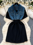 Naiste Vabaaja S&auml;rkkleit Korea Suvine L&uuml;hikeste Varrukatega Patchwork Denim L&uuml;hikesed Kleidid Naiste Kitsas Pingutusn&ouml;&ouml;riga K&otilde;rge V&ouml;&ouml;koht Kleidid One Size must
