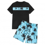 2 tk/komplekt meestele suvine vabaajariietus kookospuu mustriga T-s&auml;rk elastse v&ouml;&ouml;kohaga laiade jalgadega l&uuml;hikeste p&uuml;kste komplekt lahtise l&otilde;ikega vabaaja rannariietus M sinine