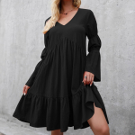 Naiste mood vabaaja &uuml;hev&auml;rviline Boho vaba kleit, volangidega pikkade varrukatega keskseelik L must