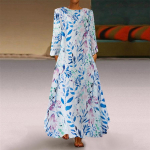 Kevad-s&uuml;gis puuvillane linane puhkusemustriga maksikleidid p&uuml;hadereisid Vintage &uuml;mara kaelusega pikkade varrukatega kleit naistele L sinine