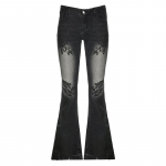 T&auml;navar&otilde;ivad Y2k Flare Jeans Distressed Floral Print Madal t&otilde;usud &otilde;hukesed teksap&uuml;ksid Korea naiste p&uuml;ksid Retro Mom teksad L must