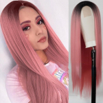 S&uuml;nteetiline pikk sirge parukas Moepikendusega pitsist esiparukas ilma tukkideta must parukas naistele igap&auml;evaseks Cosplay kandmiseks 60cm