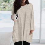 Naiste dressipluusid, pikkade varrukatega, kaelaga pullover, vabaaja massiivsed taskutega tuunikatopid XXL beež