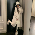 Naiste soe talvine s&uuml;gis kunstkarusnahast pikk mantel pikkade varrukatega elegantne rev&auml;&auml;riga kraega pikk talvemantel Stiilsed v&auml;lismantlid M