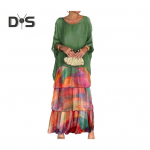 &Otilde;htukleit kihiline hajutatud tordi&auml;&auml;rega kontrastv&auml;rvides tr&uuml;kitud poolvarrukatega maksikleit dolmani varrukatega kottis &uuml;mara kaelusega &scaron;ifoonkleit peokleitiks XL mitmev&auml;rviline