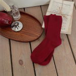 Red Socks Women Knitted Cotton Solid Color Elastic Long Socks Autumn and Winter Retro Middle Tube Socks New Year Christmas Gifts