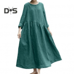 Naiste puuvillane linane maksikleit pikkade varrukatega n&ouml;&ouml;pidega kaelakee ja taskutega, pluss-suuruses vabaaja voolav rannasunnkleit M must