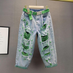 V&auml;rviliste helmedega teksadest haremp&uuml;ksid Naistele Suvine Roheline P&auml;rl K&otilde;rge V&ouml;&ouml;koht L&otilde;tv &Uuml;lesuuruses Jeans Moodne Trend K&otilde;igega Sobivad Augud Jeans XXXL roheline