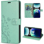 Coque pour Xiaomi Redmi Note 14 Pro Plus 5G/Note 14 Pro+ 5G, Protection Rabat Synth&eacute;cuir Vert Motif Papillon Fleur