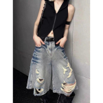 Kuum t&uuml;druk Retro Pesemine Rebitud Denim L&uuml;hikesed P&uuml;ksid Naistele K&otilde;rge V&ouml;&ouml;koht Lahtised Isiksus Lai Jalg Viiepunktiline Keskmise Pikkusega P&uuml;ksid S sinine
