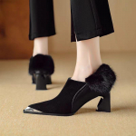Karusnahast keskmised kontsad, terava varbaga seemisnahast naiste kingad Seksikad paksud disaineri talvemoodsad kingad, naine 2024 trend, elegantsed pumbad Zapatos Mujer 40