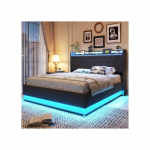 Valgustatud LED - MUVOE - 140x200 cm - Hall linane kangas - USB-laadimine - H&uuml;drauliline hoiuruum hall