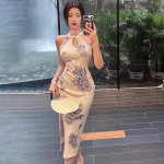Parandatud Cheongsam Nooruslik Temperament Vintage Stiil Tr&uuml;kis Igap&auml;evaselt Kantav Keskmise pikkusega Seksikas Puusa kattev Kleit Suvi XL