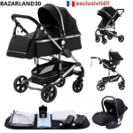 BAZARLAND30.Poussette Combin&eacute;e 3 en 1 Si&egrave;ge-Auto Nacelle Trio R&eacute;versible R&eacute;glable Haute Qualit&eacute; Roues increvables.Noir must