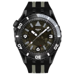 SWATCH SCUBAQUA seeria kvartsliikumisega 100 meetrit veekindel meeste k&auml;ekell 44 mm must sihver keraamiline biosource materjalist korpus silikoonrihm SSCU09B100 merelaine