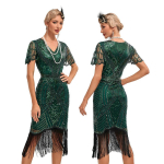 Naiste Flapper Kleit 1920ndad V-kaelus Helmetega &Auml;&auml;ristatud Suur Gatsby Kleit L&uuml;hikeste Varrukatega Vintage Flapper Kleit XL black