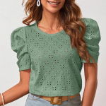 &Otilde;&otilde;nes Jacquard O kaelusega suvepluus Elegantne plisseeritud puhvis l&uuml;hikeste varrukatega T-s&auml;rk Naiste topid Mujer Sweet Casual S&auml;rgid 25345 S