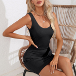 Elastne soonik, kootud U-kaelusega m&auml;hitud varrukateta l&uuml;hike kleit, suvised naiste &otilde;hukesed kleidid XL must