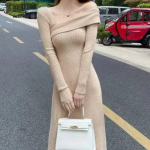 Prantsuse stiilis &otilde;lgadeta diagonaalkraega kootud kleit naistele S&uuml;gistalvine pikkade varrukatega aprikoosist kampsunkleidid 30369 S aprikoosi