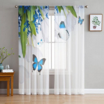 Loom liblikas lill Sinine roosiaken t&uuml;llkardinad elutuppa Magamistoa hotelli luksuskaunistus L&auml;bipaistvad kardinad 135W x 114H(cm)