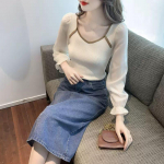 Sifonki Splice Knit S&uuml;gis uus moodne disain Sense Small French Square kaelusega Slim Fit pikkade varrukatega top S valge