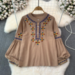 Etnilise stiiliga pluus naistele O kaelusega tikitud laternaga varrukatega Retro suvised Camisas v&auml;rviplokiga naiste topid One Size khaki