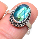 Looduslik Labradoriit Kivi K&auml;sit&ouml;&ouml; 925 Proovikulla Sterling H&otilde;bedast S&otilde;rmus Suurus 9 l0T59 blue