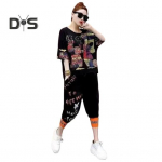 2 tk/komplekt Naiste T-s&auml;rgi p&uuml;kste komplekt Hip-hop stiilis print V kaelus, poolvarrukatega &uuml;laosa pahkluudega k&auml;rbitud p&uuml;ksid T&auml;navar&otilde;ivad Riided Reisimine Igap&auml;evane riietus M punane