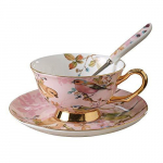 Euro stiilis keraamiline tassitaldrik ja lusikakomplekt Bone China teetassid V&auml;ikesed lillelised valged roosad sinised mustrid kodu k&ouml;&ouml;giriistad Birdy Floral Pink
